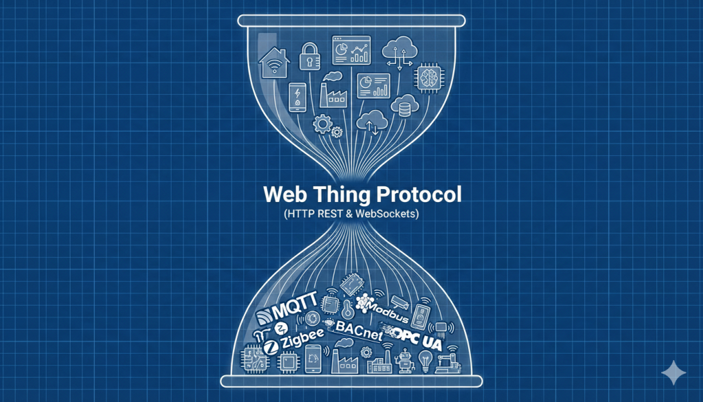 A diagram showing an hourglass with the Web Thing Protocol (HTTP REST & WebSockets) at the narrow part in the middle, IoT protocols like MQTT, BACnet and OPC UA a the bottom and applications, dashboards, cloud services and intelligent agents at the top.