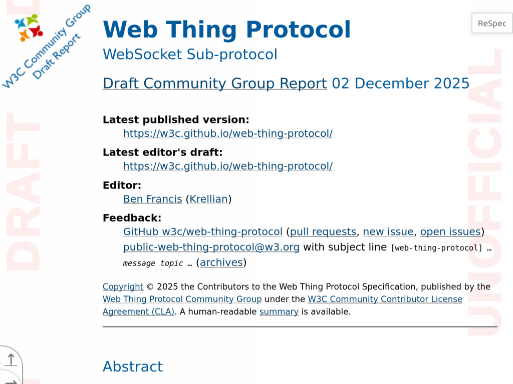 Screenshot of the Web Thing Protocol WebSocket Sub-protocol Draft Community Report from 2 December 2025.