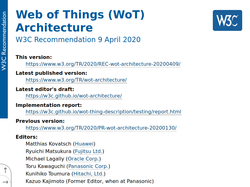 Screenshot of the WoT Architecture W3C Recommendation from 9 April 2020.