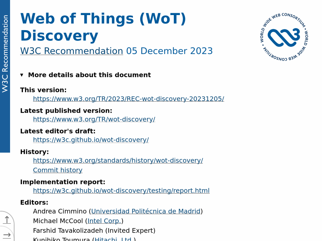 Screenshot of the WoT Discovery W3C Recommendation from 5 December 2023.