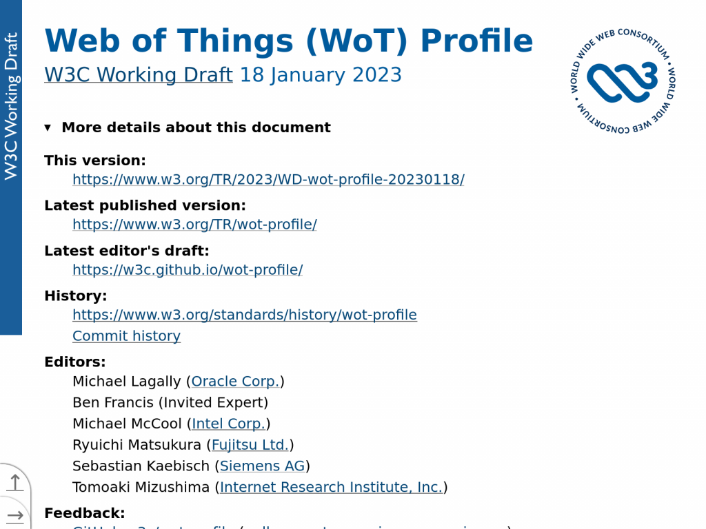 Screenshot of the WoT Profile W3C Working Draft rom 18 January 2023.