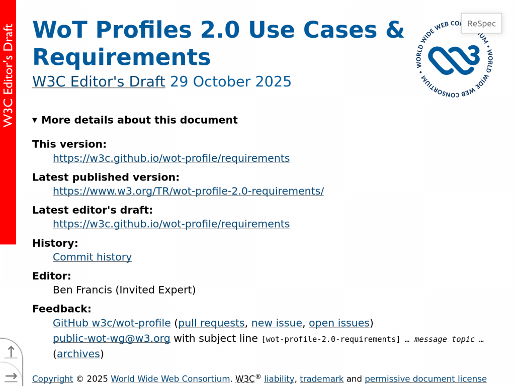 Screenshot of the WoT Profiles 2.0 Use Cases & Requirements Editor's Draft from 29 October 2025.
