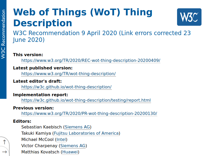 Screenshot of the WoT Thing Description W3C Recommendation from 9 April 2020.