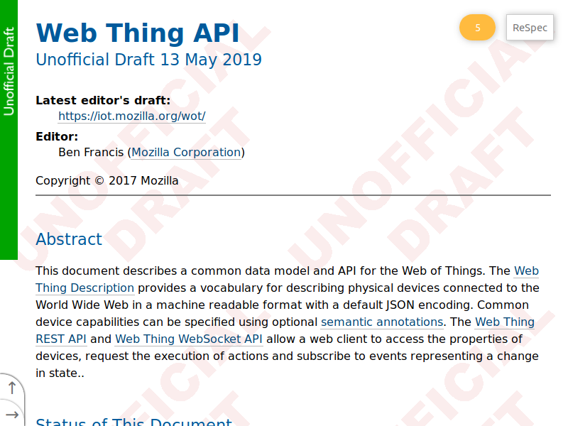 Screenshot of the Web Thing API Unofficial Draft from 13 May 2019.
