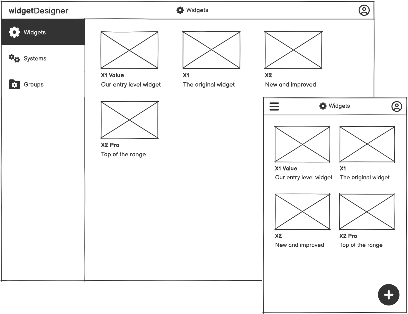 Wireframe mockups showing desktop and mobile versions of a web app for designing widgets