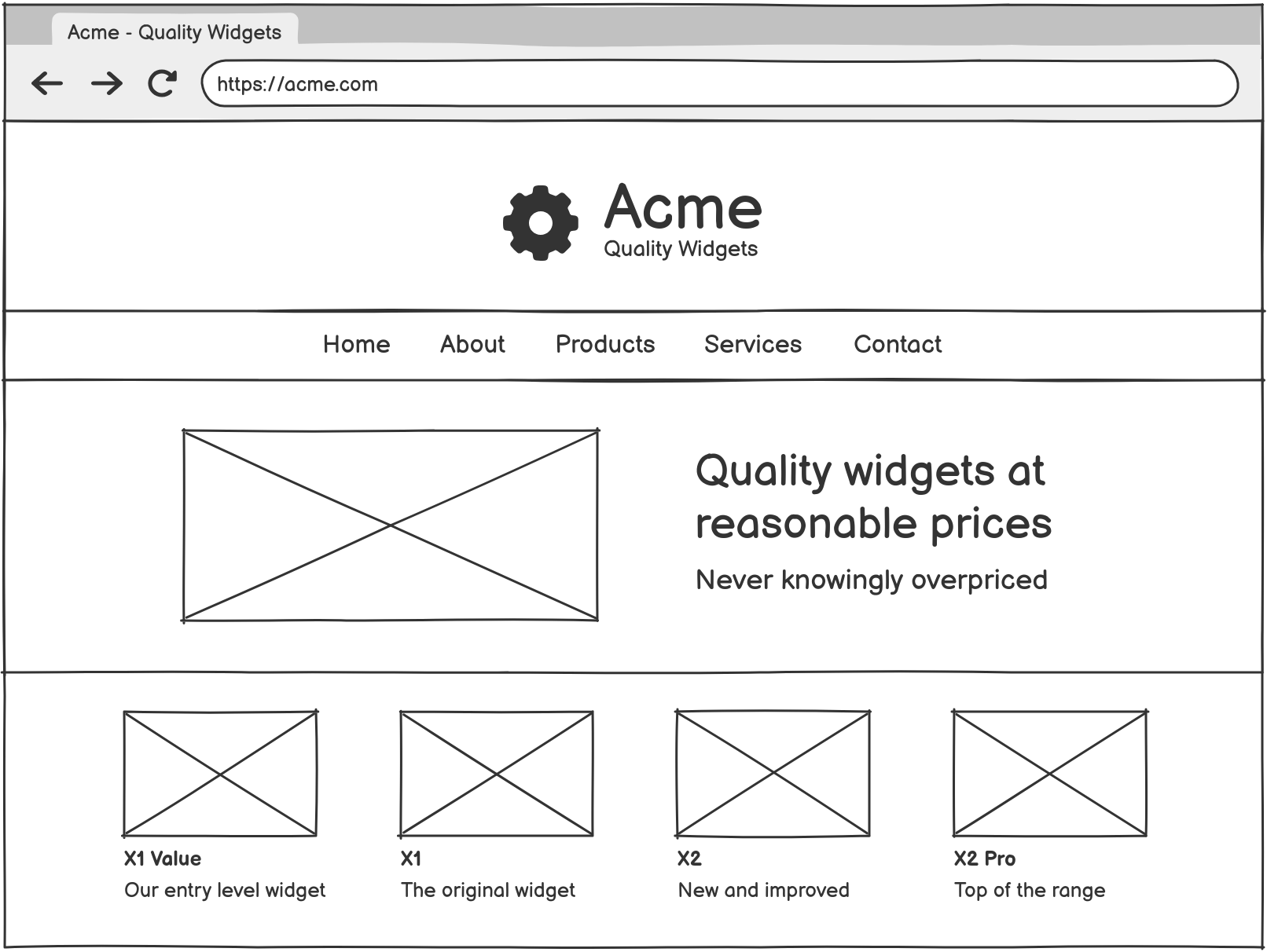 A wireframe mockup of a website for a company called Acme