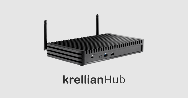 A photo of a black wireless hub with antennae and the Krellian Hub logo